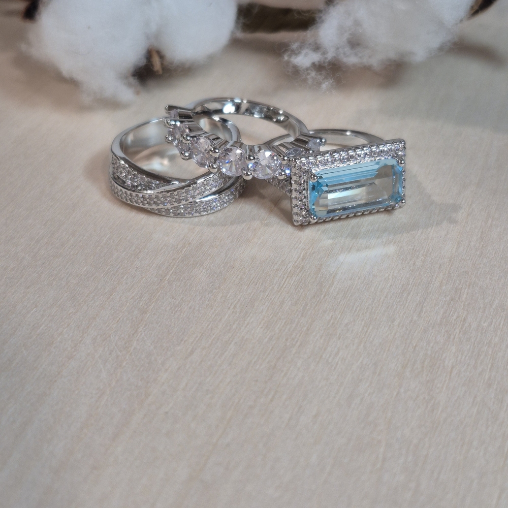 🩵🩶NEW🩵🩶 STUNNING!! Vintage 3PC Set Aquamarine CZ'S Rings In SILVER Plating - Picture 12 of 16